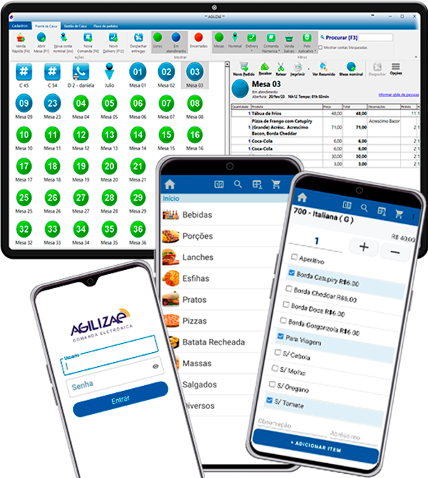 Notebook e celulares exibindo o sistema Agilizae